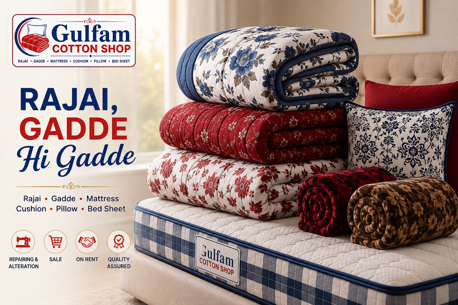 Gulfam Cotton Shop bedding products including Rajai, Gadde and Mattress in Noida